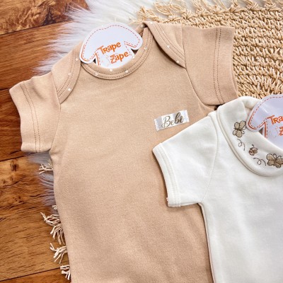 Conj. de Malha 3 peças- Gola Bordada com Borboletas - Off White e Areia